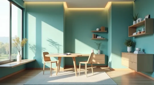 Vue d'un petit appartement moderne avec des murs peints en camaïeu, mobilier sur mesure et éclairage stratifié pour donner une impression d'espace agrandi