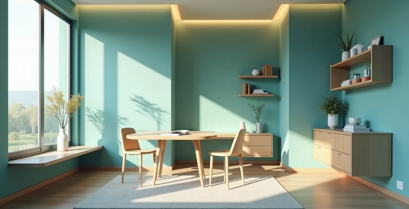 Vue d'un petit appartement moderne avec des murs peints en camaïeu, mobilier sur mesure et éclairage stratifié pour donner une impression d'espace agrandi
