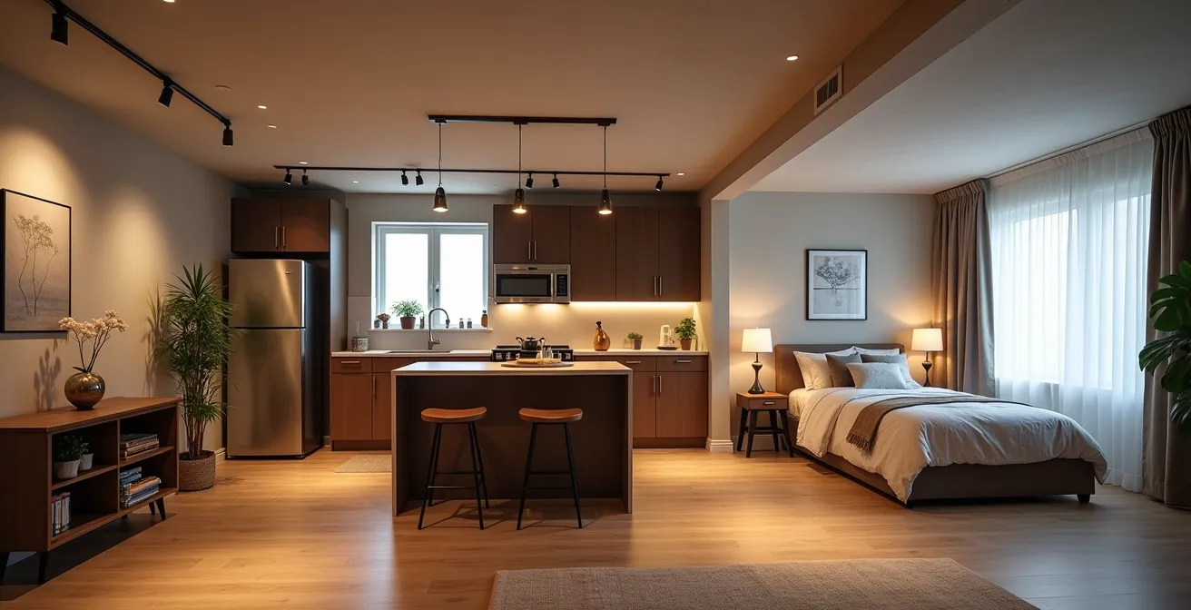 Sous-sol montréalais aménagé en appartement locatif avec cuisine, salon et chambre séparée, éclairage chaleureux