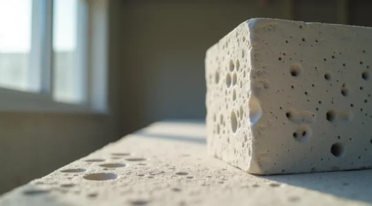 Vue en gros plan d'un bloc de béton cellulaire montrant sa structure alvéolaire légère et isolante lors d'un chantier de rénovation