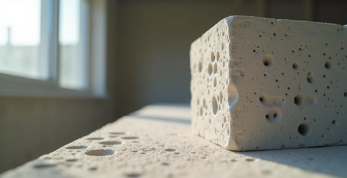 Vue en gros plan d'un bloc de béton cellulaire montrant sa structure alvéolaire légère et isolante lors d'un chantier de rénovation