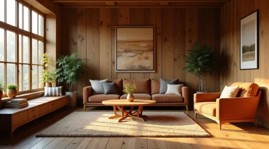 Intérieur chaleureux avec différents éléments en bois recyclé, illustrant l'avenir durable de la décoration