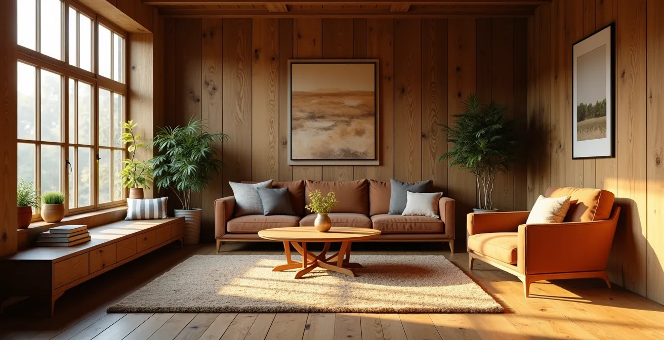 Intérieur chaleureux avec différents éléments en bois recyclé, illustrant l'avenir durable de la décoration