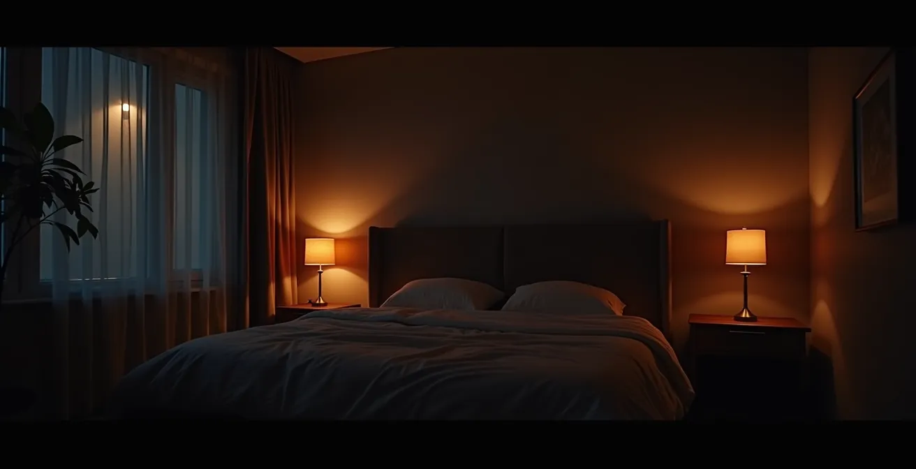 Chambre paisible avec stores occultants bloquant la pollution lumineuse extérieure pour favoriser un sommeil réparateur