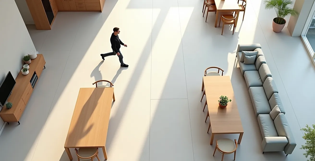 Intérieur de maison avec circulation fluide et dégagée montrant l'absence d'obstacles et le bon agencement des meubles