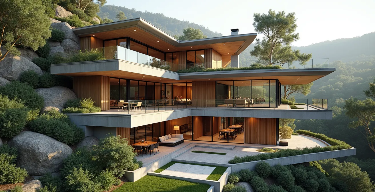 Maison moderne construite en cascade suivant la pente naturelle avec terrasses étagées et jardins en paliers intégrés dans le relief