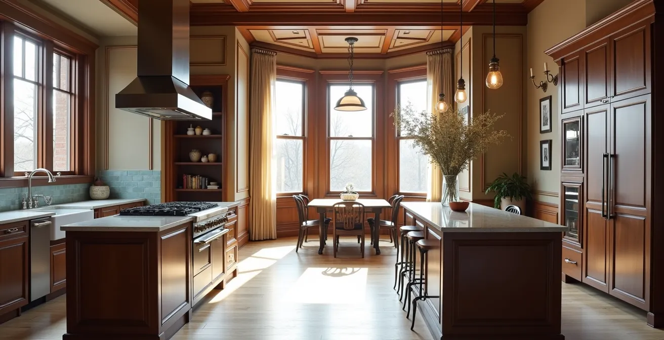 Intérieur d'une maison patrimoniale montréalaise montrant l'harmonie entre éléments modernes et cachet ancien, boiseries d'époque et cuisine contemporaine