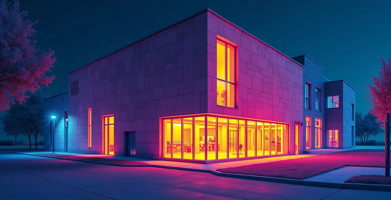 Illustration d'une maison avec un thermogramme mettant en évidence les ponts thermiques visibles en rouge et jaune