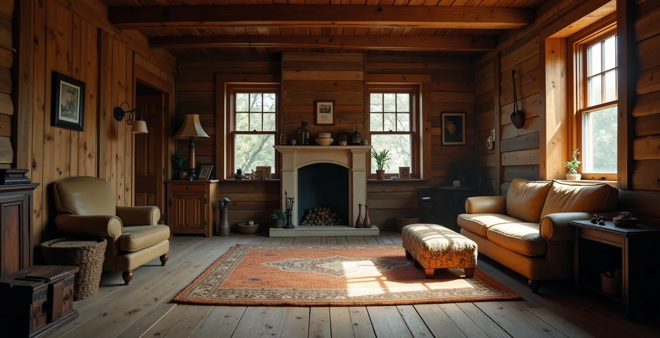 Intérieur montrant un excès de bois de grange créant une ambiance trop rustique et surchargée