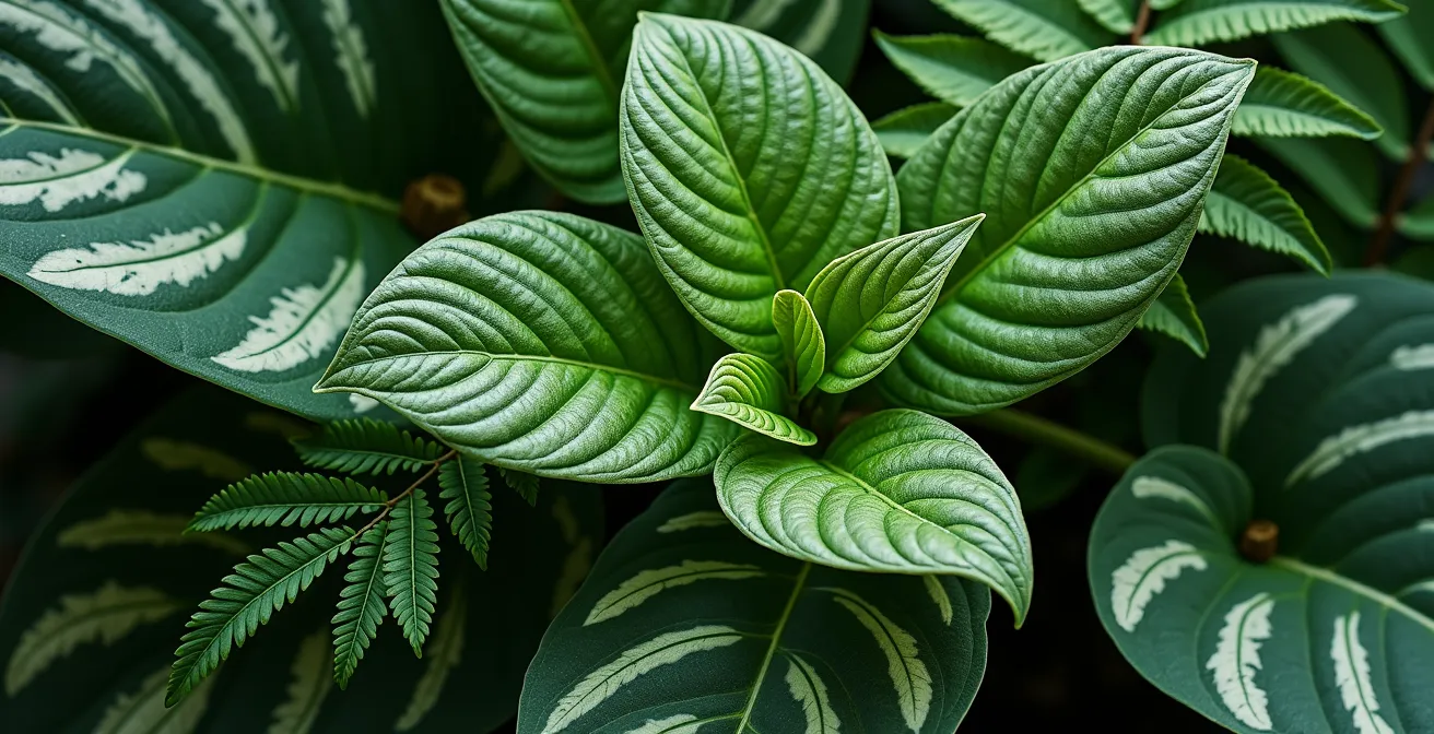 Composition de plantes en pot mettant en valeur la diversité des feuillages : formes, textures et nuances de vert.