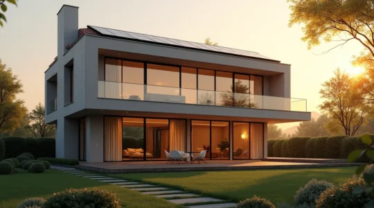 Maison moderne à haute performance énergétique avec panneaux solaires et isolation avancée