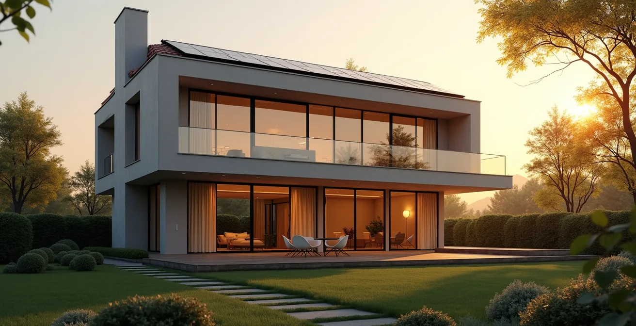 Maison moderne à haute performance énergétique avec panneaux solaires et isolation avancée