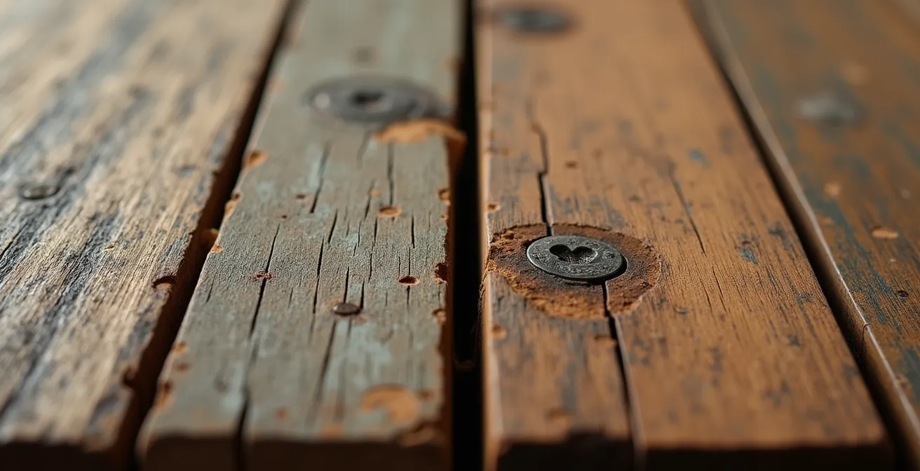 Étude détaillée du bois recyclé montrant étiquettes, textures et marques authentiques versus faux bois
