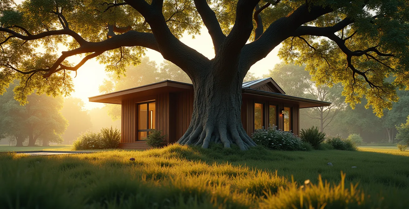 Maison construite harmonieusement autour d’un grand arbre mature, avec des racines protégées et de l’ombre naturelle