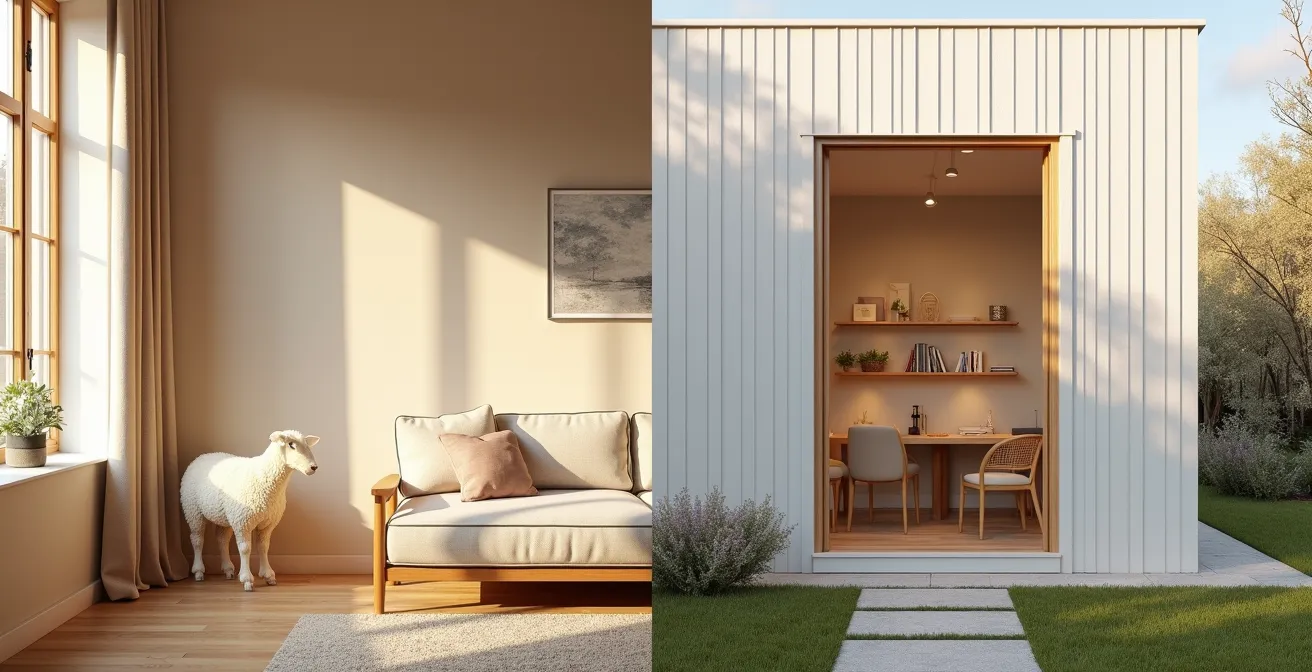 Comparaison visuelle entre isolation par l'intérieur avec laine de bois et isolation par l'extérieur sur une maison en rénovation