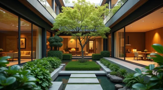 Une cour intérieure végétalisée entourée de grandes baies vitrées, reliant visuellement plusieurs pièces d'une maison moderne.