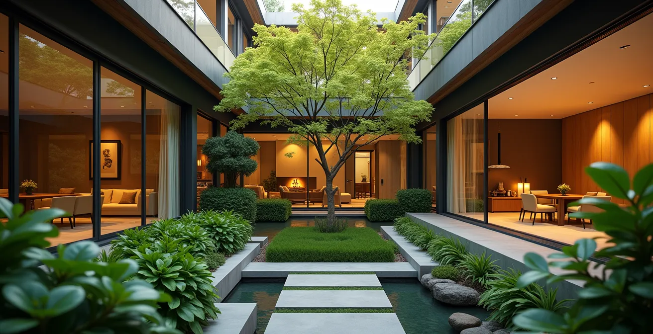 Une cour intérieure végétalisée entourée de grandes baies vitrées, reliant visuellement plusieurs pièces d'une maison moderne.