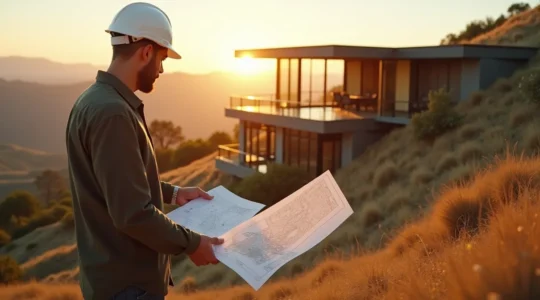 Vue panoramique d'un architecte étudiant un plan topographique sur un terrain en pente avec une maison moderne intégrée harmonieusement dans le paysage naturel