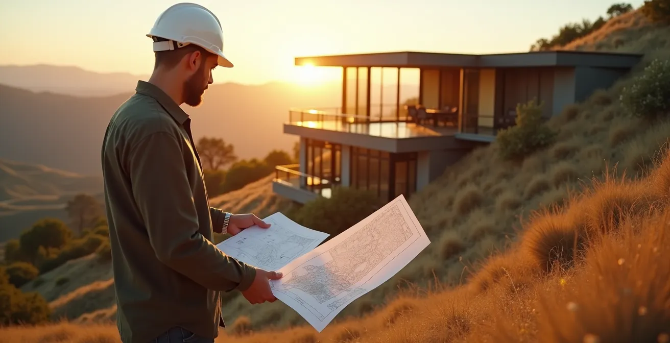 Vue panoramique d'un architecte étudiant un plan topographique sur un terrain en pente avec une maison moderne intégrée harmonieusement dans le paysage naturel
