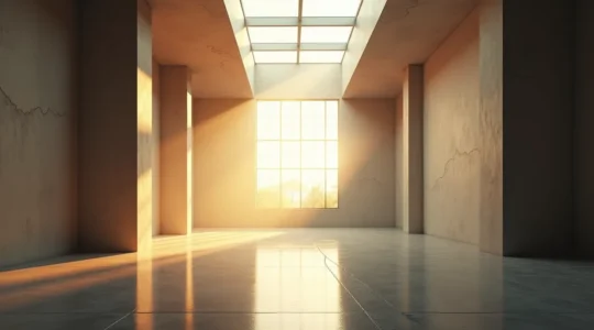 Intérieur lumineux d'une pièce moderne avec grande fenêtre de toit laissant entrer une lumière naturelle intense, transformant l'espace