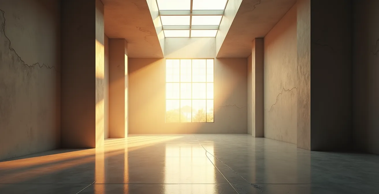 Intérieur lumineux d'une pièce moderne avec grande fenêtre de toit laissant entrer une lumière naturelle intense, transformant l'espace