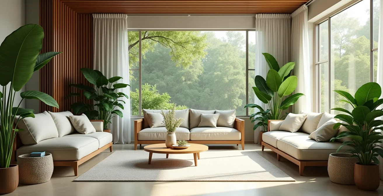 Intérieur de maison chaleureux avec plantes vertes, matériaux naturels et lumière naturelle abondante