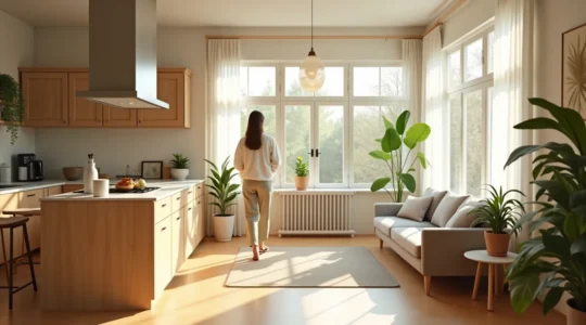 Intérieur de maison ergonomique baigné de lumière naturelle avec espaces fluides et matériaux naturels favorisant le bien-être