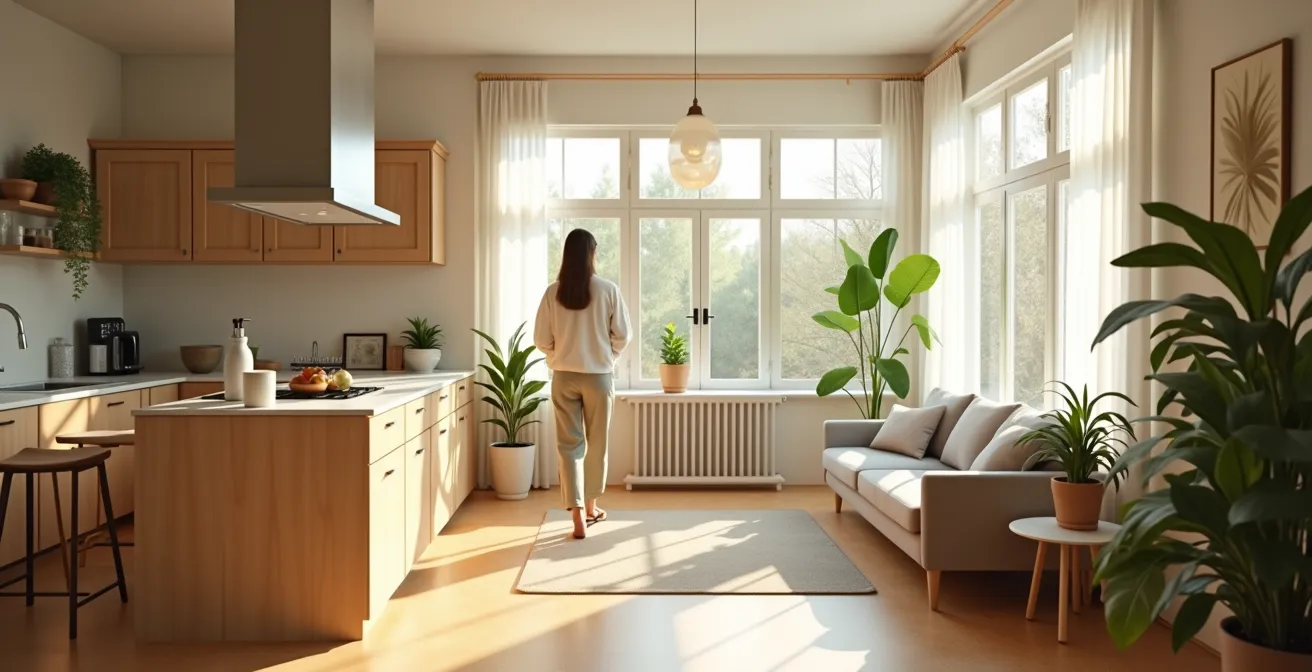Intérieur de maison ergonomique baigné de lumière naturelle avec espaces fluides et matériaux naturels favorisant le bien-être
