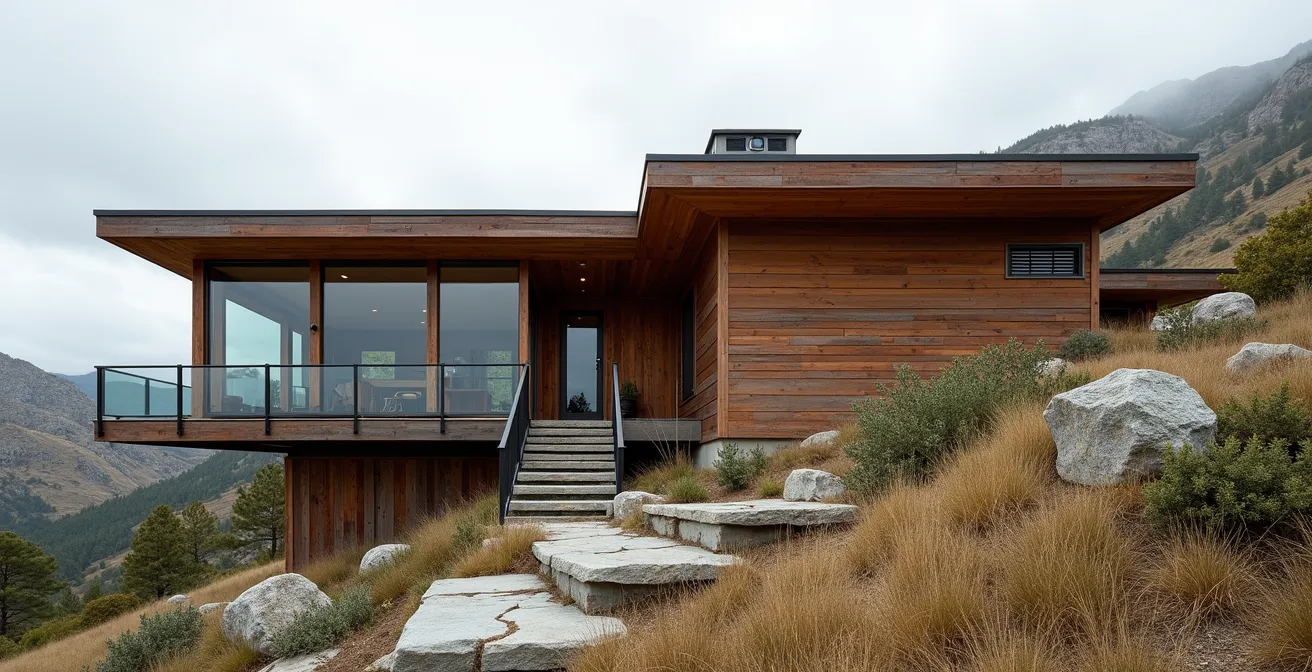 Maison contemporaine avec matériaux naturels à patine noble (bois vieilli, cuivre oxydé, pierre locale) s'intégrant harmonieusement dans un paysage vallonné