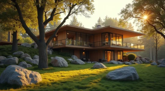 Vue d'une maison moderne intégrée harmonieusement dans un paysage naturel avec arbres, rochers et lumière douce