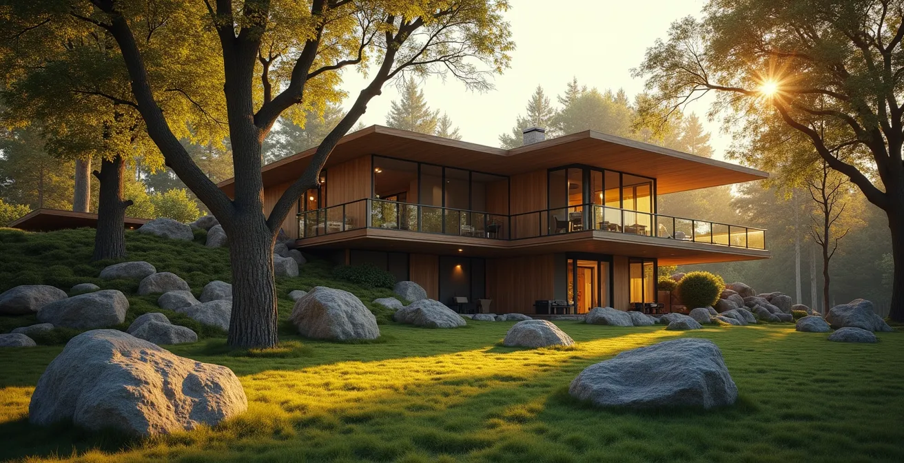 Vue d'une maison moderne intégrée harmonieusement dans un paysage naturel avec arbres, rochers et lumière douce