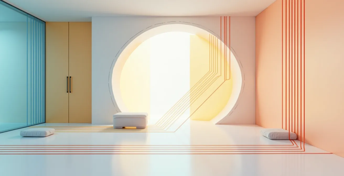 Schéma conceptuel montrant lignes droites, courbes et diagonales influençant la perception spatiale dans un intérieur moderne