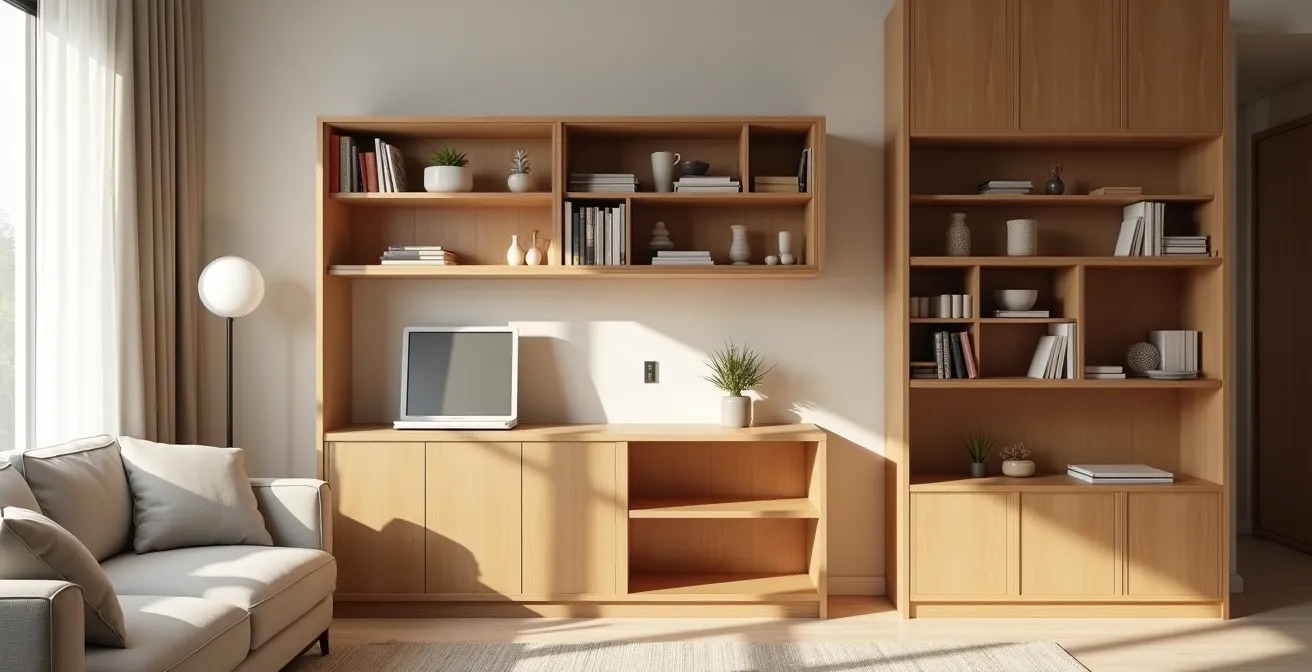 Mobilier sur mesure multifonctionnel dans un petit appartement avec une bibliothèque pivotante et un bureau intégré