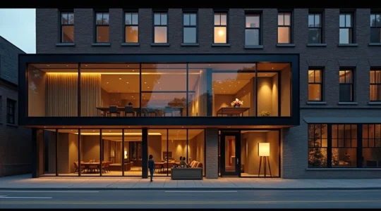 Façade patrimoniale montréalais revisitée avec une extension contemporaine intégrée harmonieusement