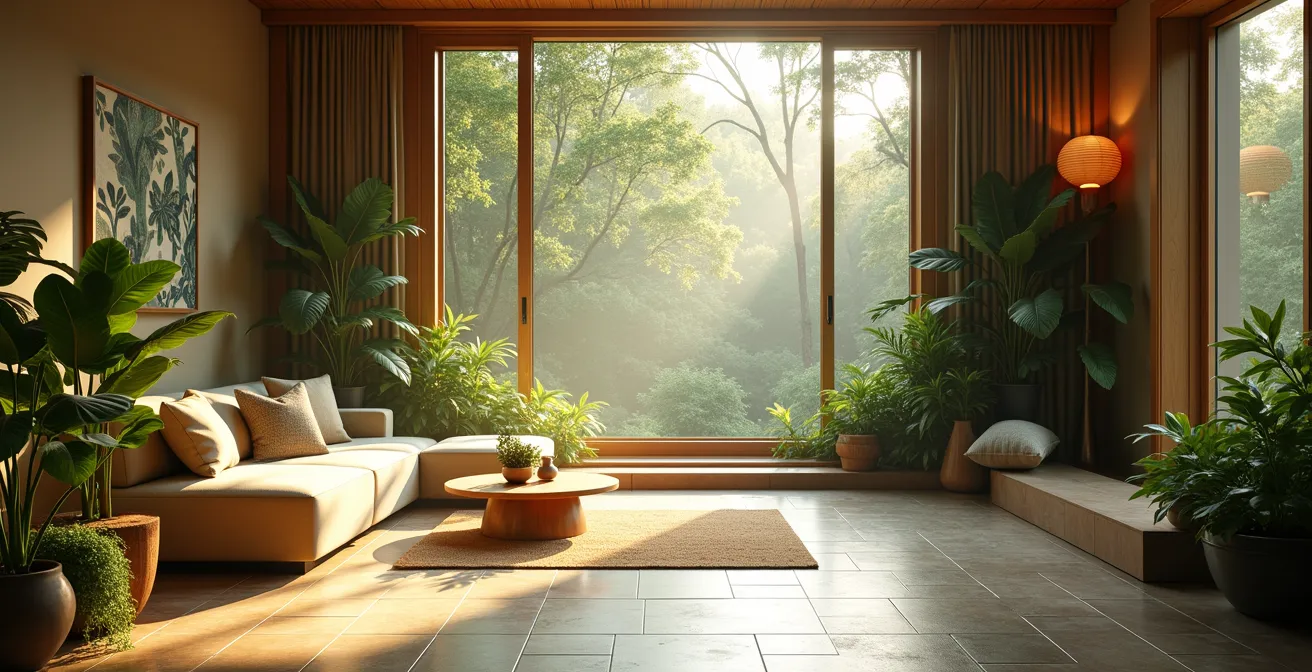 Intérieur lumineux avec éléments naturels, bois, plantes, lumière douce imitant le cycle solaire