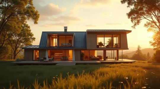 Vue panoramique d'une maison moderne bien orientée avec soleil éclatant illuminant les différentes pièces, symbolisant économie d'énergie et confort optimal