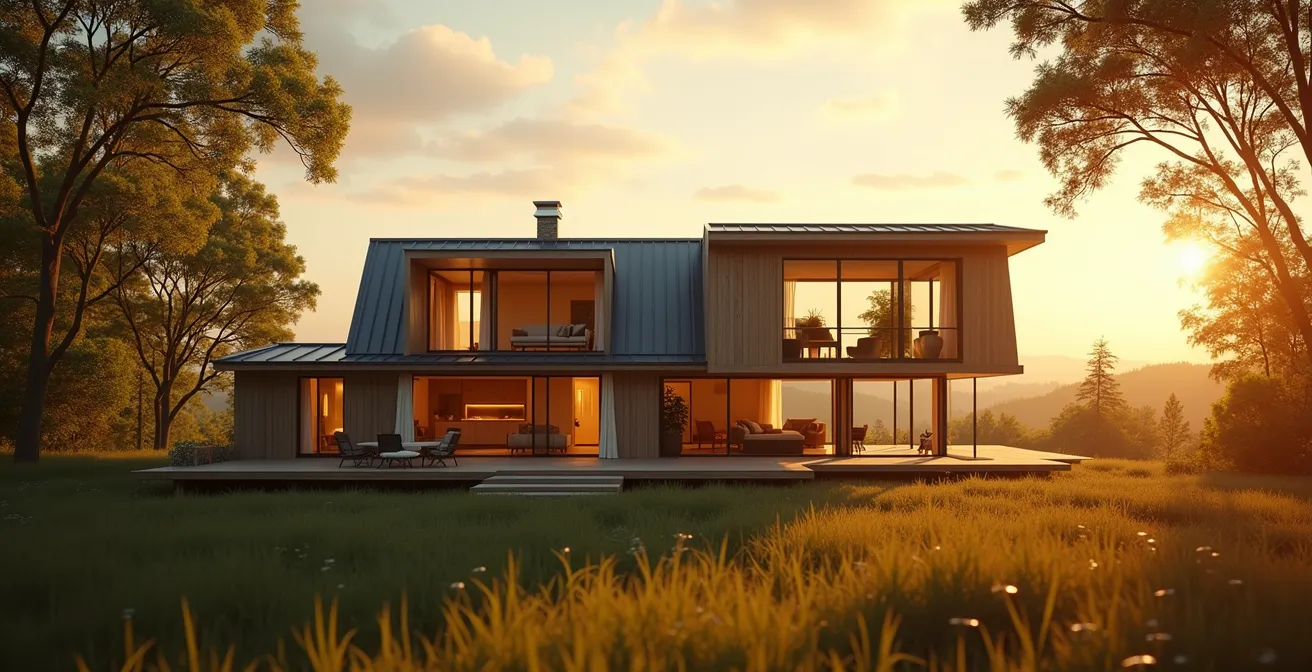 Vue panoramique d'une maison moderne bien orientée avec soleil éclatant illuminant les différentes pièces, symbolisant économie d'énergie et confort optimal
