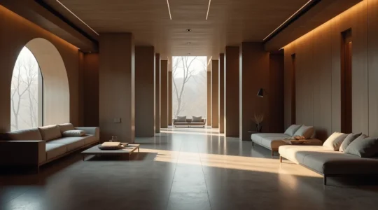 Vue architecturale symbolique combinant des lignes, espaces ouverts et lumière dynamique représentant la perception spatiale