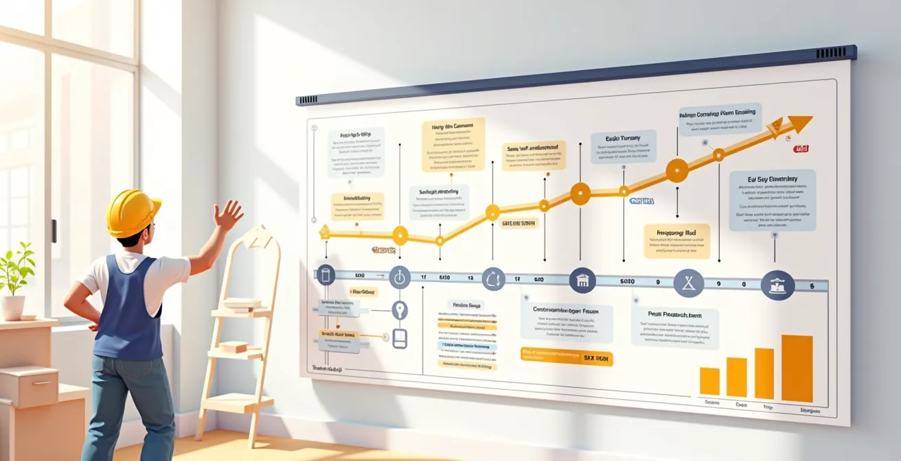 Illustration d'un planning de chantier avec rétroplanning et visualisation des interdépendances entre métiers