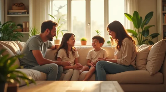 Une famille heureuse dans un intérieur rénové lumineux et naturel, symbolisant bien-être et harmonie