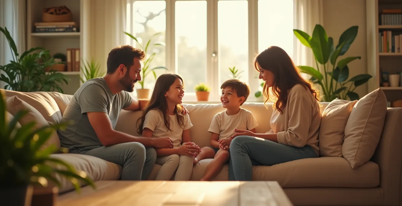 Une famille heureuse dans un intérieur rénové lumineux et naturel, symbolisant bien-être et harmonie