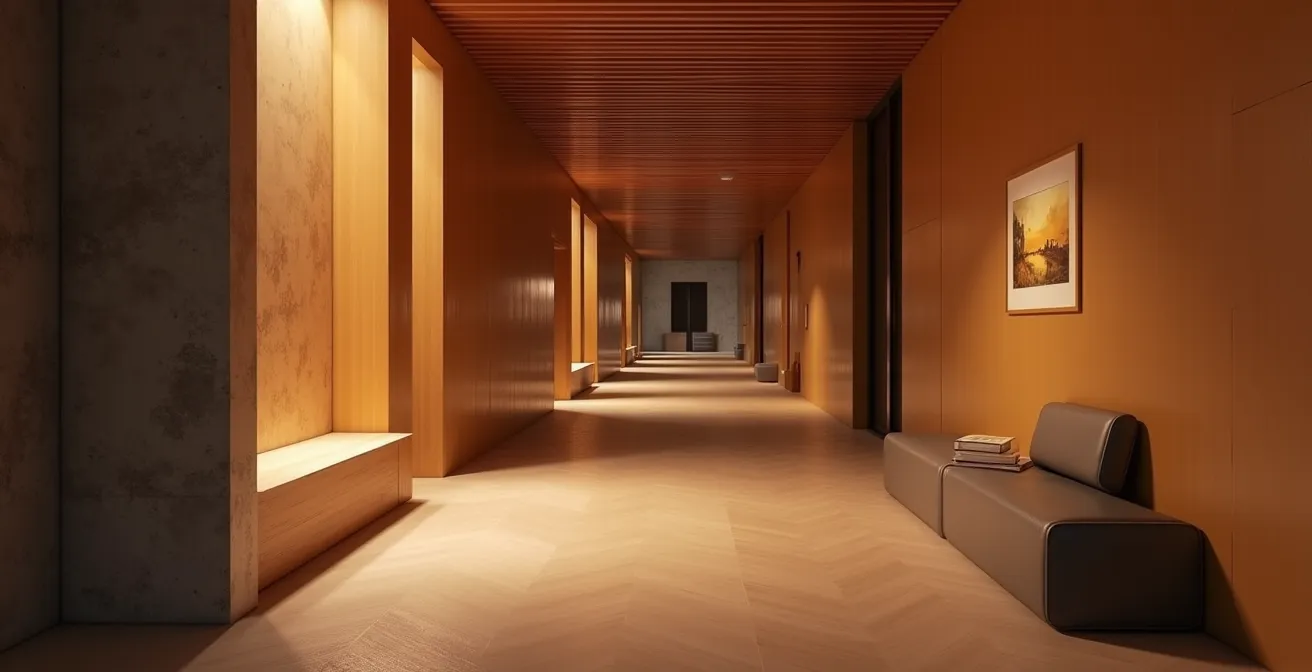 Vue photographique d’un couloir rénové avec éclairage chaleureux, matériaux variés et espace de niche fonctionnelle