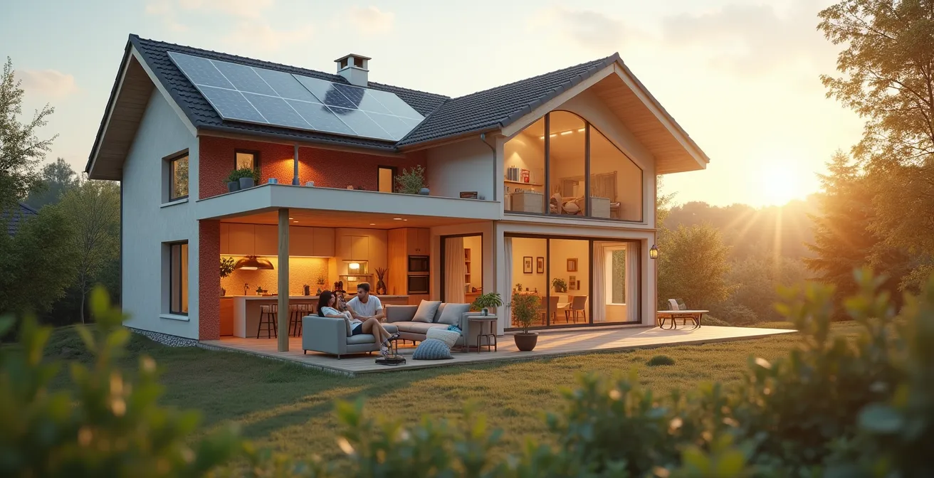 Maison rénovée écoresponsable avec isolation verte et capteurs solaires, confort et sérénité