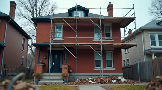 Photo d'une maison montréalaise en brique avec des travaux de rénovation en cours, échafaudage et matériaux visibles