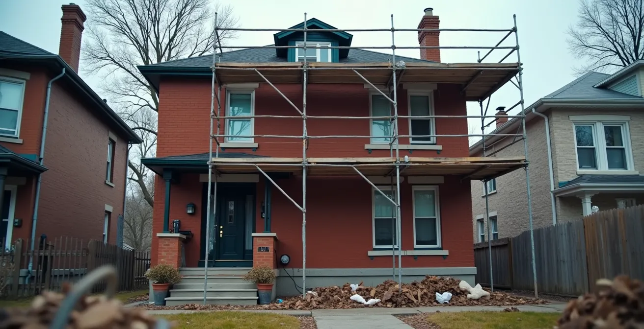 Photo d'une maison montréalaise en brique avec des travaux de rénovation en cours, échafaudage et matériaux visibles