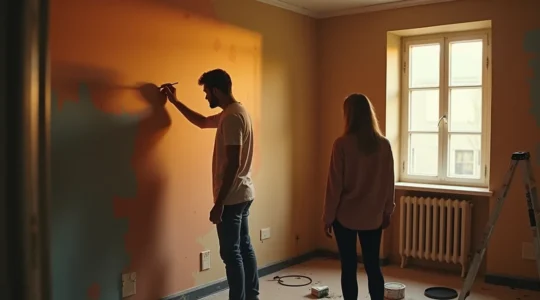 Une scène symbolique illustrant la rénovation d'un intérieur avec des personnes réécrivant leur histoire, mur transformé en manuscrit coloré