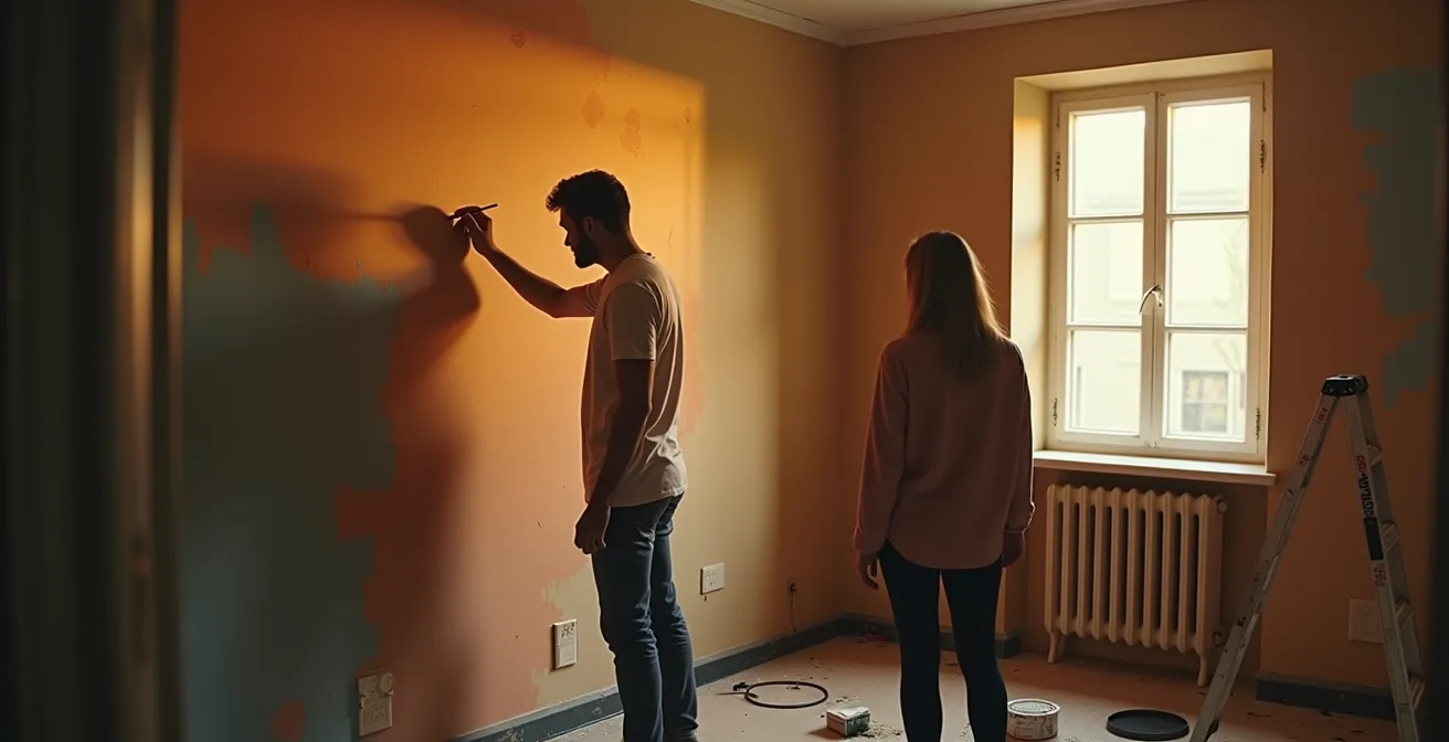 Une scène symbolique illustrant la rénovation d'un intérieur avec des personnes réécrivant leur histoire, mur transformé en manuscrit coloré
