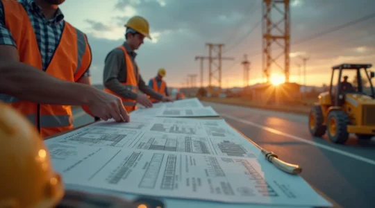 Vue symbolique d'une chaînede préparation de chantier avec documents, plans et artisans prêts à intervenir