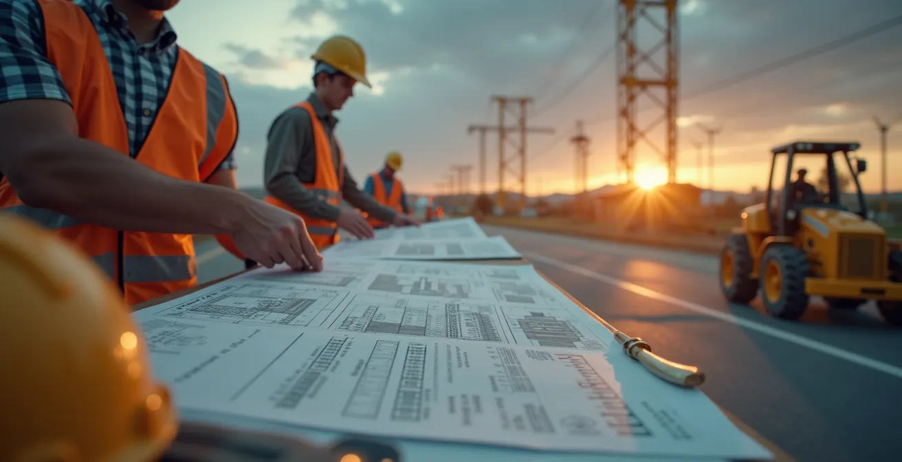 Vue symbolique d'une chaînede préparation de chantier avec documents, plans et artisans prêts à intervenir
