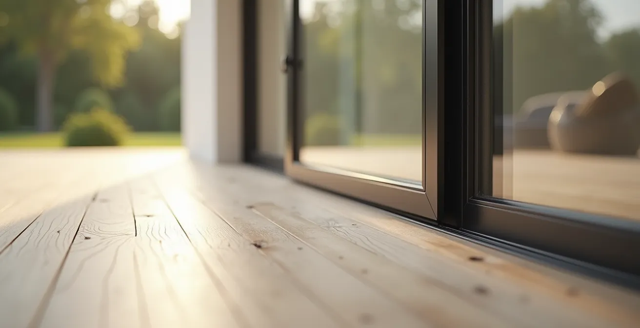 Détail d'une baie vitrée coulissante avec un seuil encastré permettant un passage sans rupture de niveau entre l'intérieur et le patio.